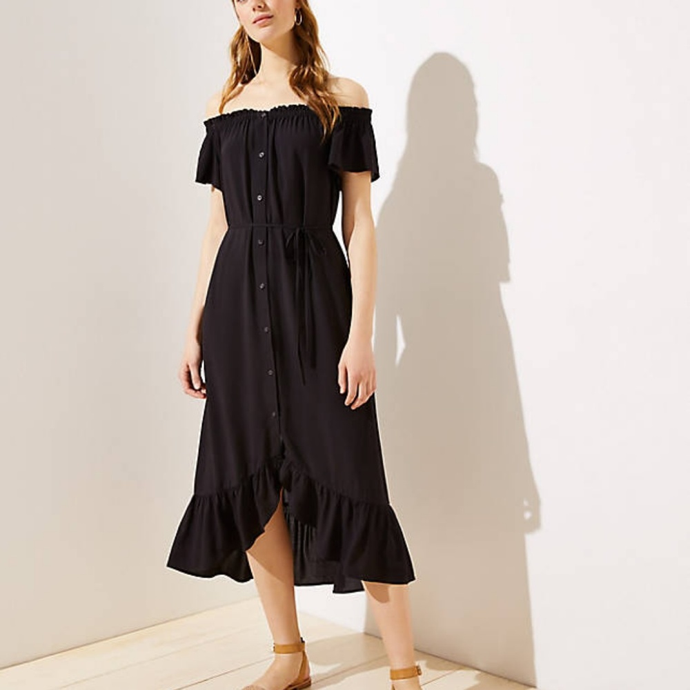 NWT LOFT OFF THE SHOULDER BUTTON DOWN MIDI DRESS M